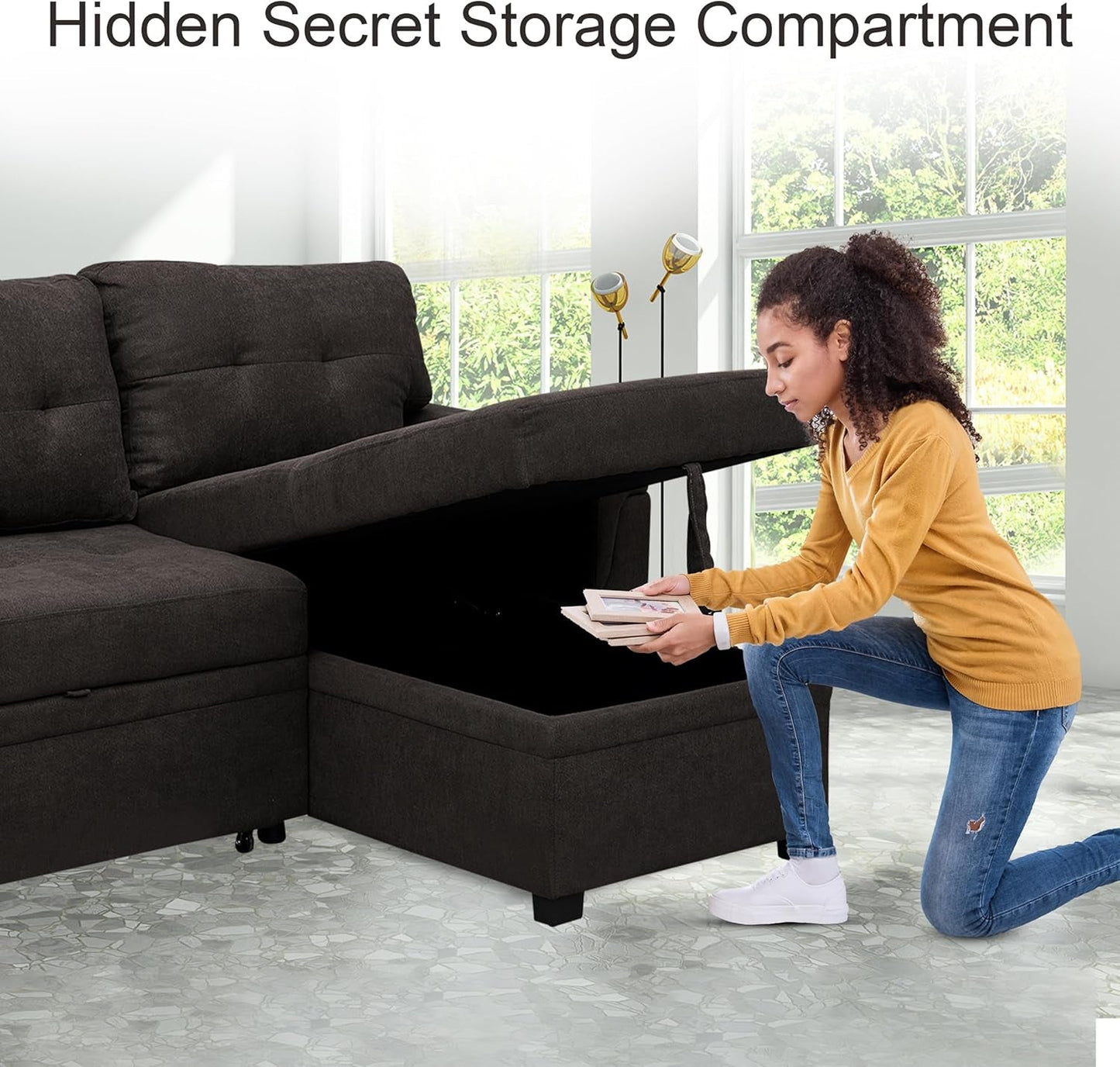 Espresso Velvet Sleeper Sectional Sofa Bed Chaise Set-4