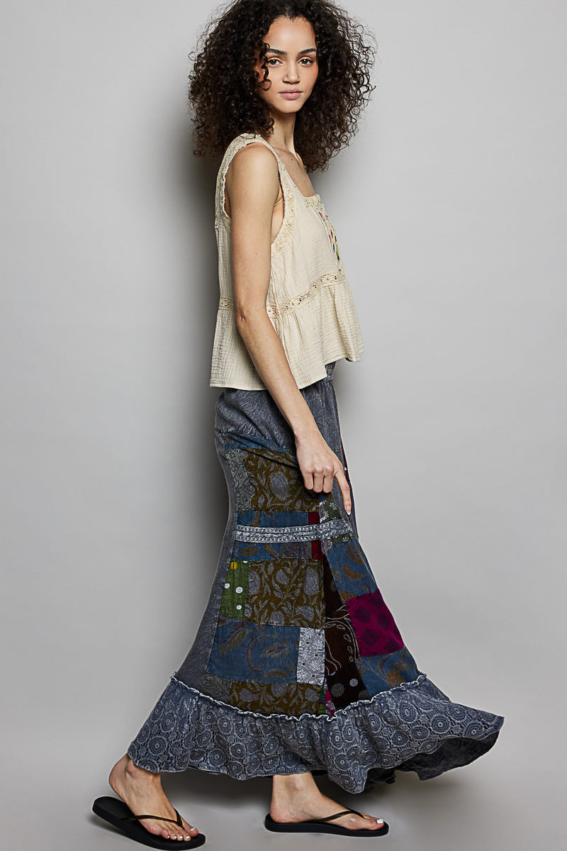 Effortless Elegance Patchwork Embroidered Ruffled Skirt