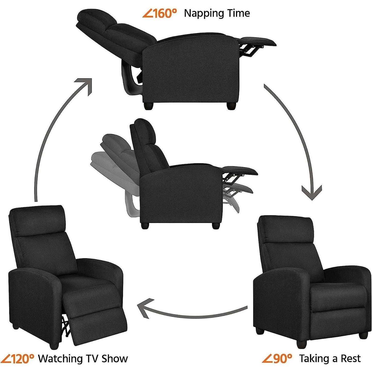 Fabric Push Back Recliner Chair Pocket Spring Matte Black-4