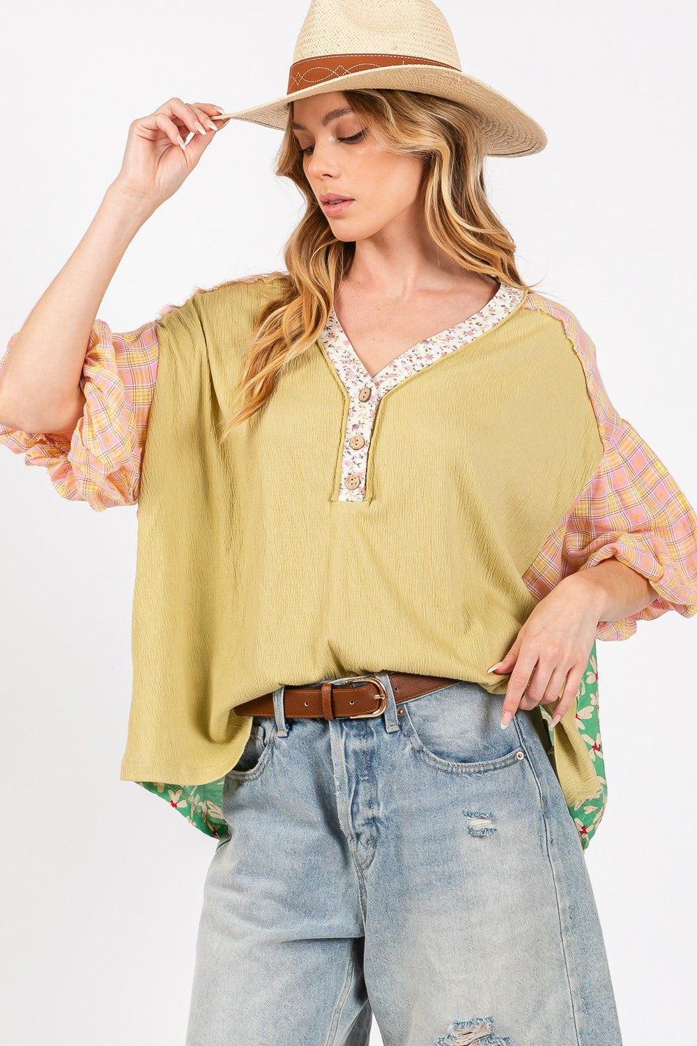 Sage Color Block Bubble Sleeve Top | Extended Sizes