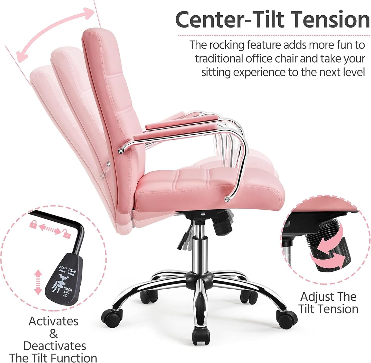 Pink Mid Back Office Chair With Arms 360 Degree Swivel-4