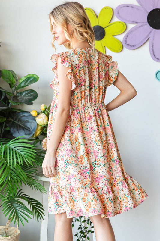 Sand Floral Ruffled V-Neck Dress | Extended Sizes