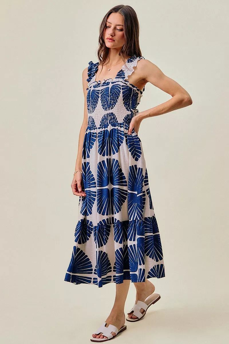 Abstract Print Smocked Bodice Tiered Lined Midi Dress-4