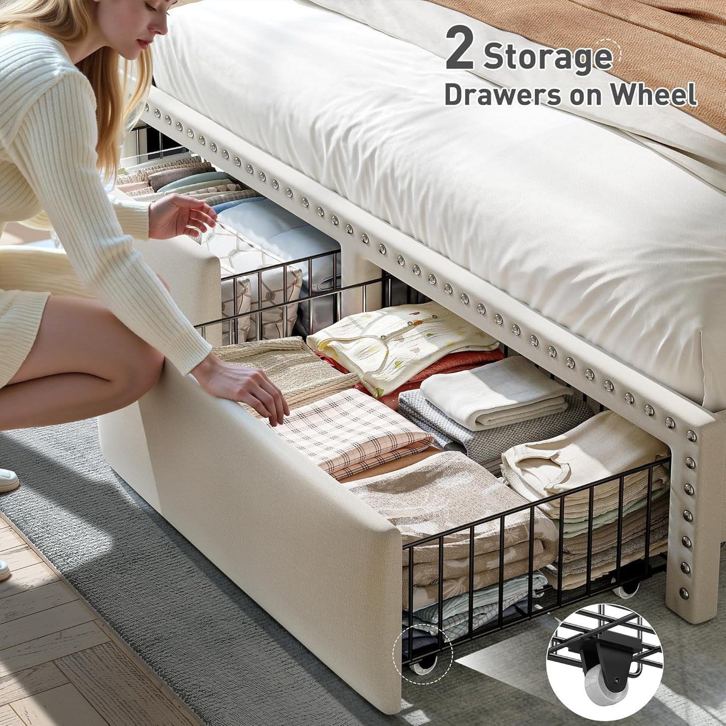 Beige Upholstered Headboard Storage Bed Frame Charging-4