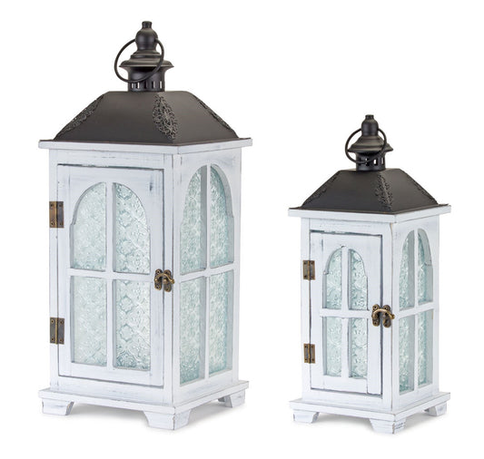 White Wood Lantern with Ornate Frosted Glass (Set of 2)-0