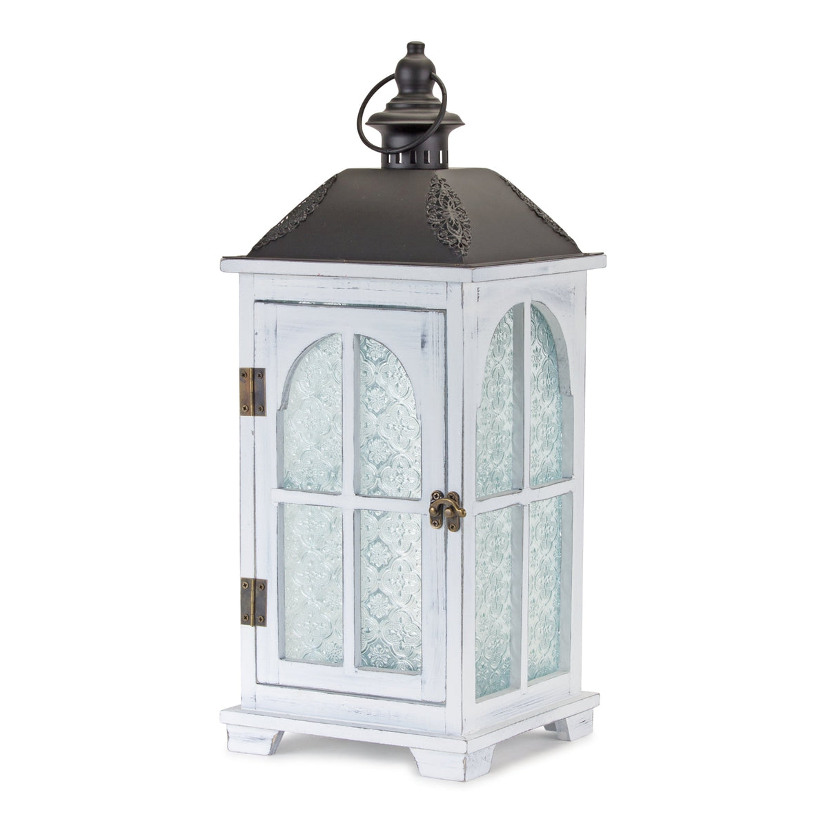 White Wood Lantern with Ornate Frosted Glass (Set of 2)-2