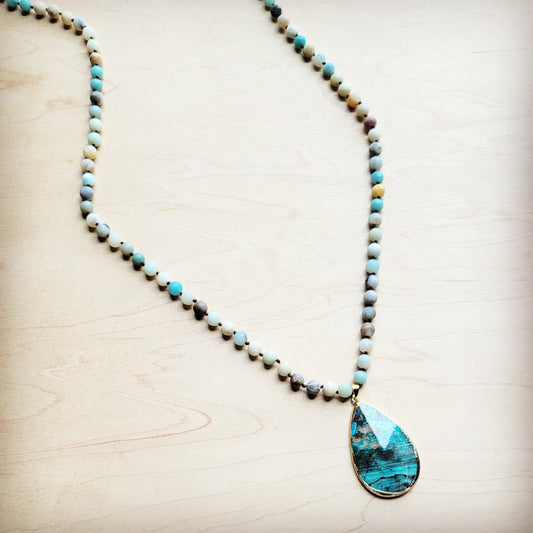 Frosted Amazonite Long Beaded Necklace with Agate Pendant-1