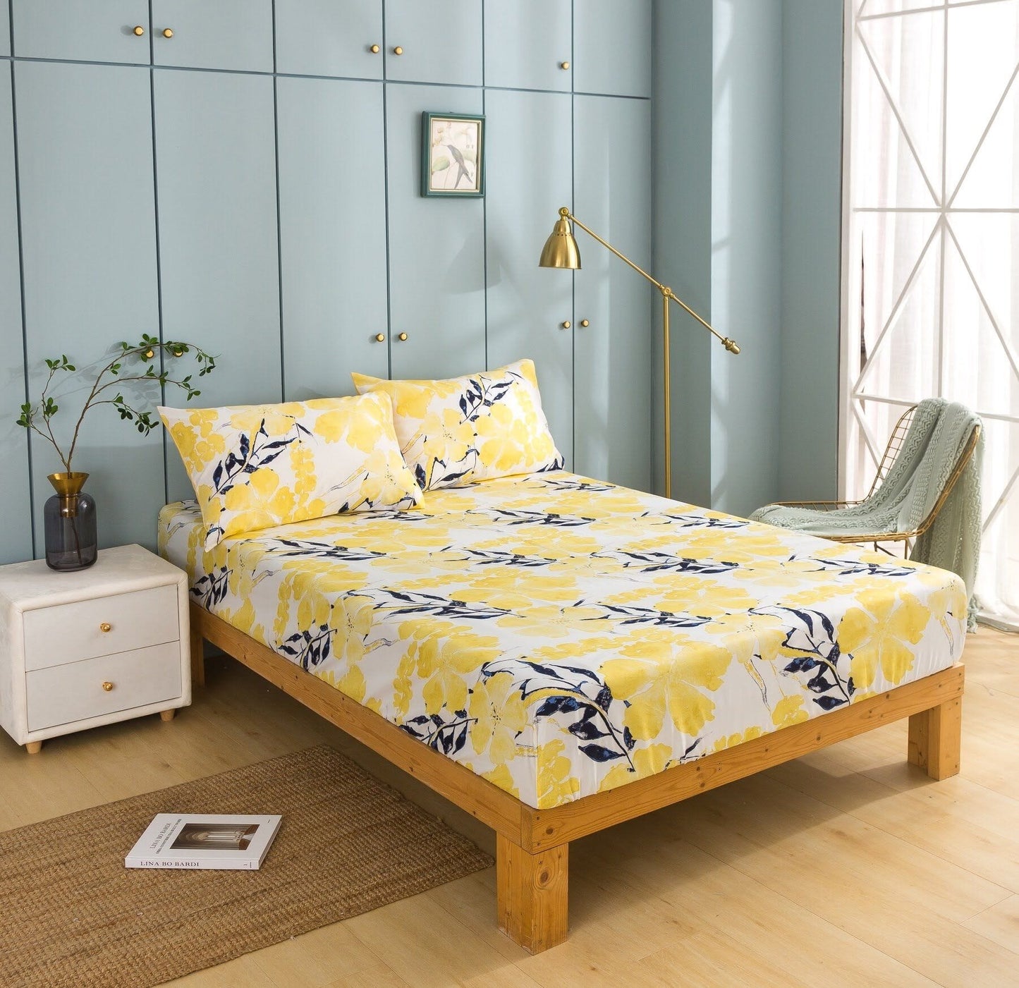 Tache Microfiber Watercolor Tropical Floral Yellow Blue Fitted Sheet / Flat Sheet (JHW-841)-4