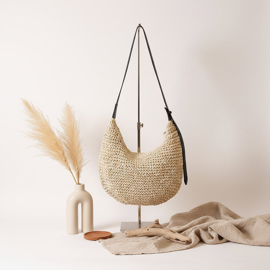 Asymmetric Straw Shoulder Bag Woven Bag Solid Color-2