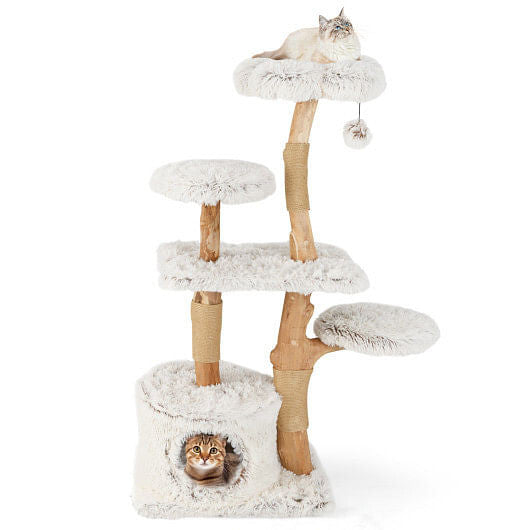 Modern Cat Tree 53 Inch Tall Natural Branch Wooden Cat Tower with Jute Scratching Posts-White-4