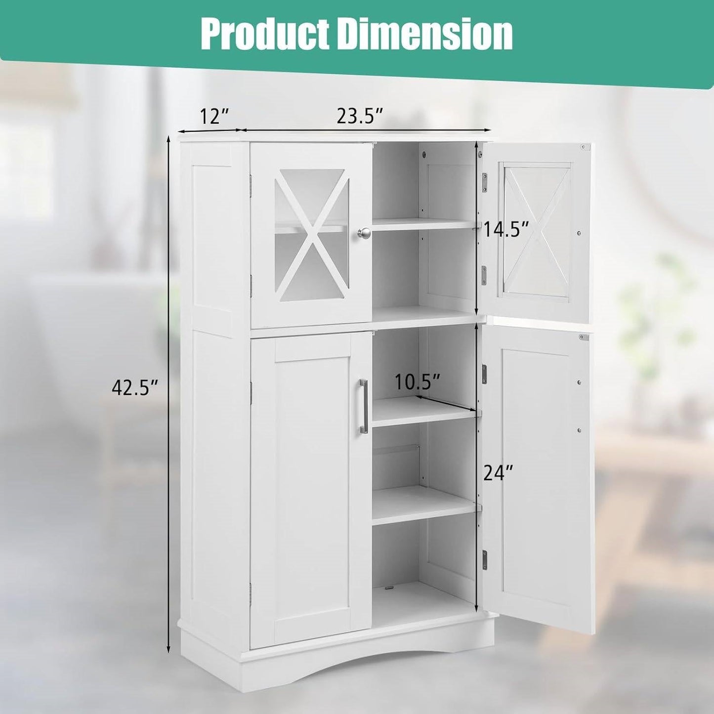 White Bathroom Towel Linen Cabinet with Glass Doors and Storage Shelves-4