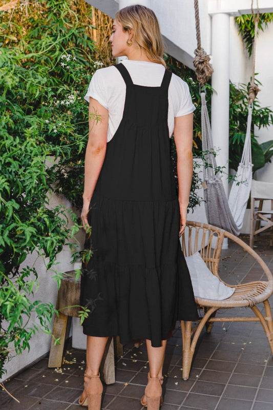 Black Flowy Tiered Sleeveless Midi Dress
