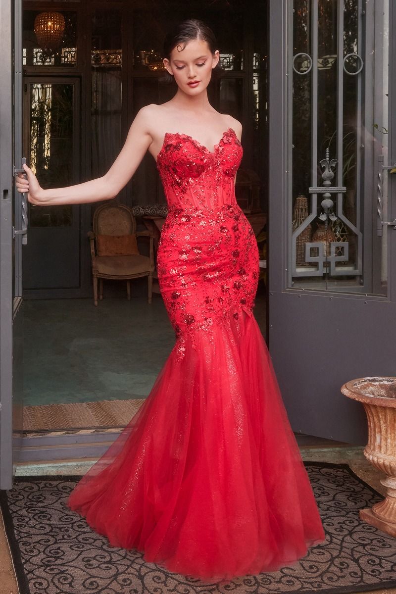 Strapless Mermaid Soft Tulle Gown w/ Floral Lace Applique & Sheer Corset Bodice CDA1388