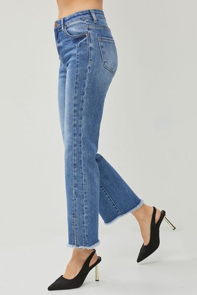 RISEN Dark Wash High Waist Raw Hem Straight Jeans