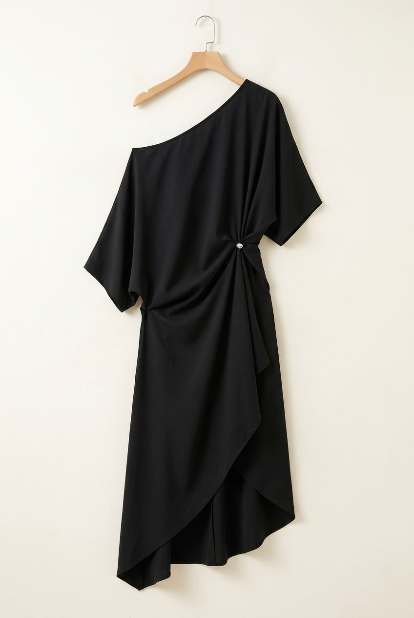 One-Shoulder Ruched High-Low Midi Dress