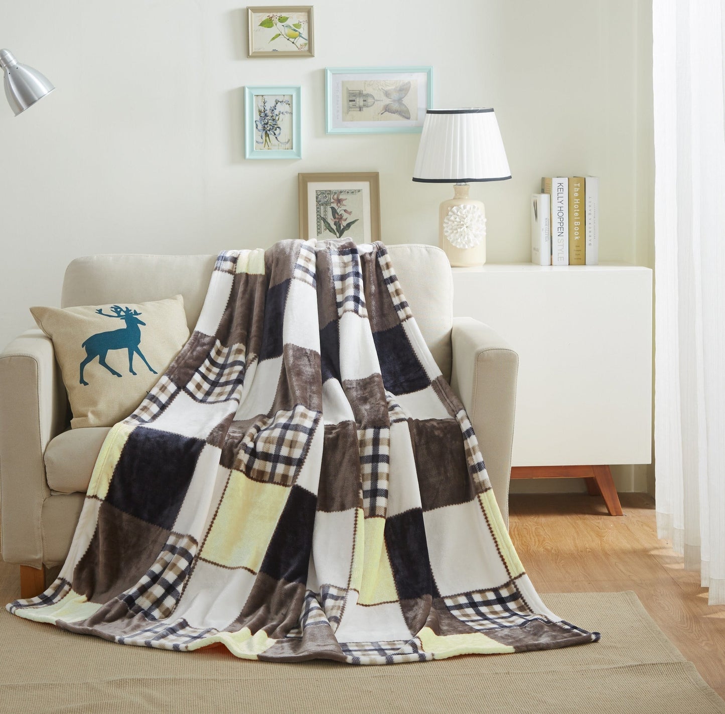 Tache Buttermilk Fall Yellow Brown Farmhouse Super Soft Plaid Patchwork Throw Blanket (4026)-4