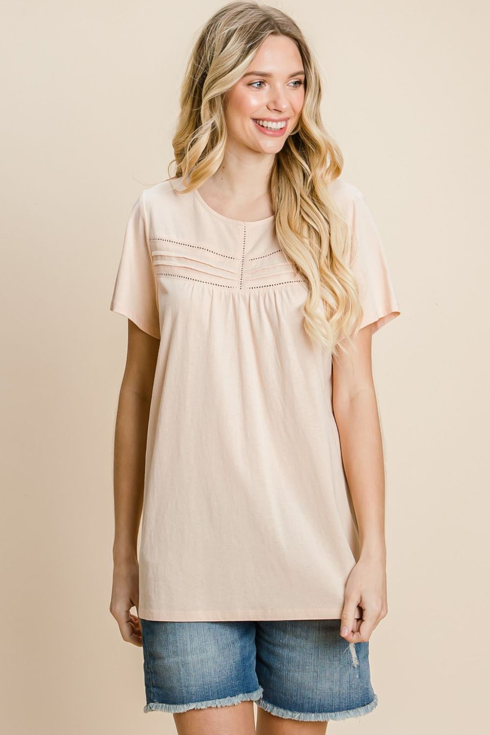 Cotton Bleu Eyelet Round Neck Short Sleeve T-Shirt