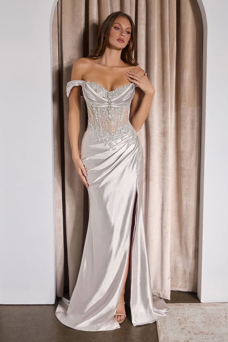 Floral Lace Embellished Long Evening Gown w/ Sheer Corset Bodice & Draped Bust-Line CDCC494