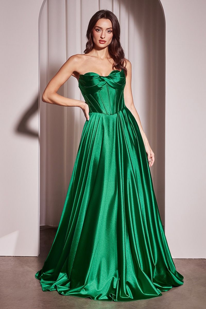 Strapless Satin Corset A-Line Gown with High Slit – Black, Dusty Blue & Greenery