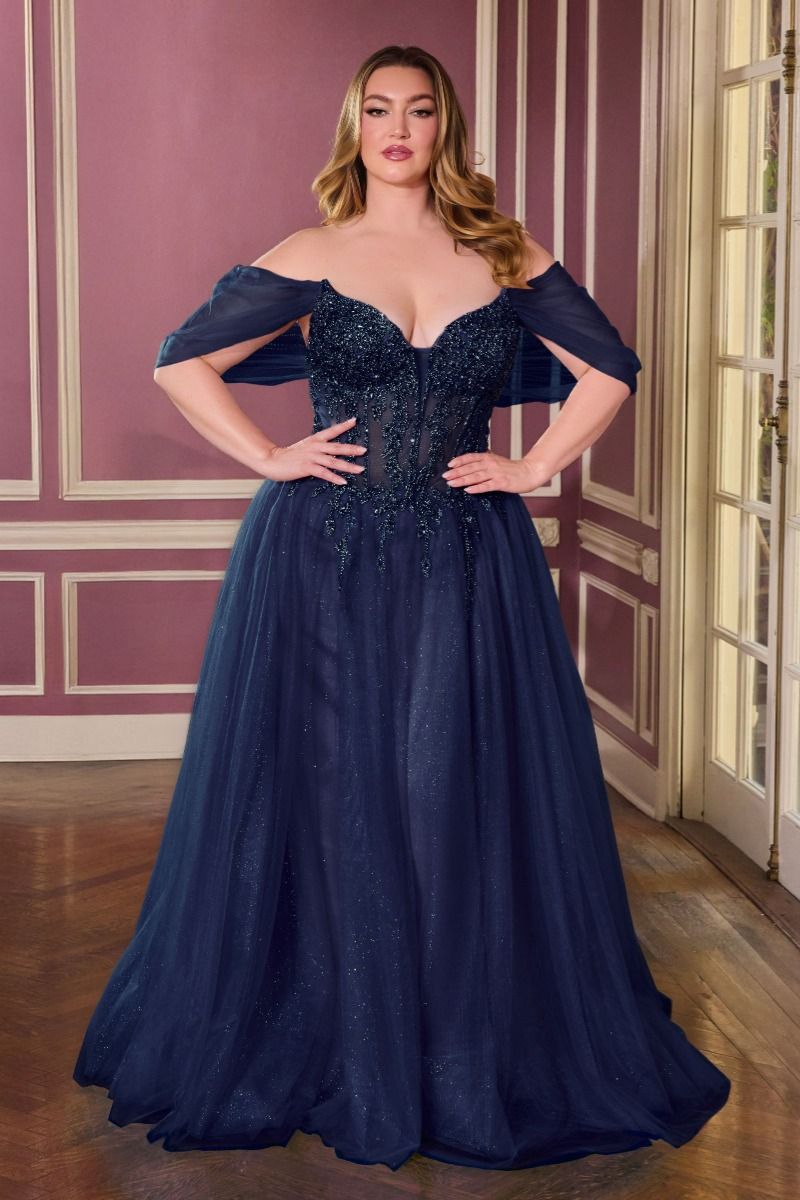 Off-Shoulder Beaded Corset A-Line Glitter Tulle Gown-4