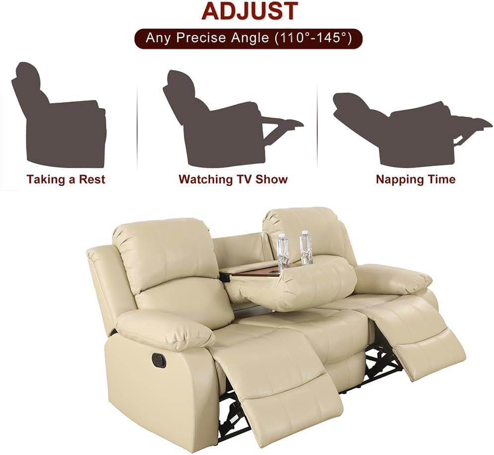 Beige Leather Recliner Sofa Set With Built In Coffee Table-4