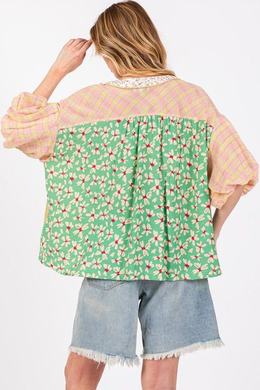 Sage Color Block Bubble Sleeve Top | Extended Sizes