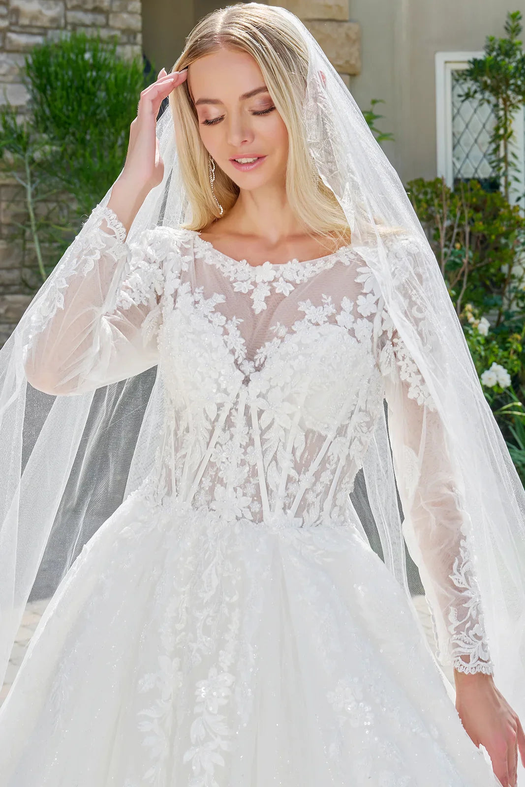 Wedding Dress Made Of Transparent Mesh, With Long Sleeves, A Round Neckline, And A Corset-Style Bodice.-4