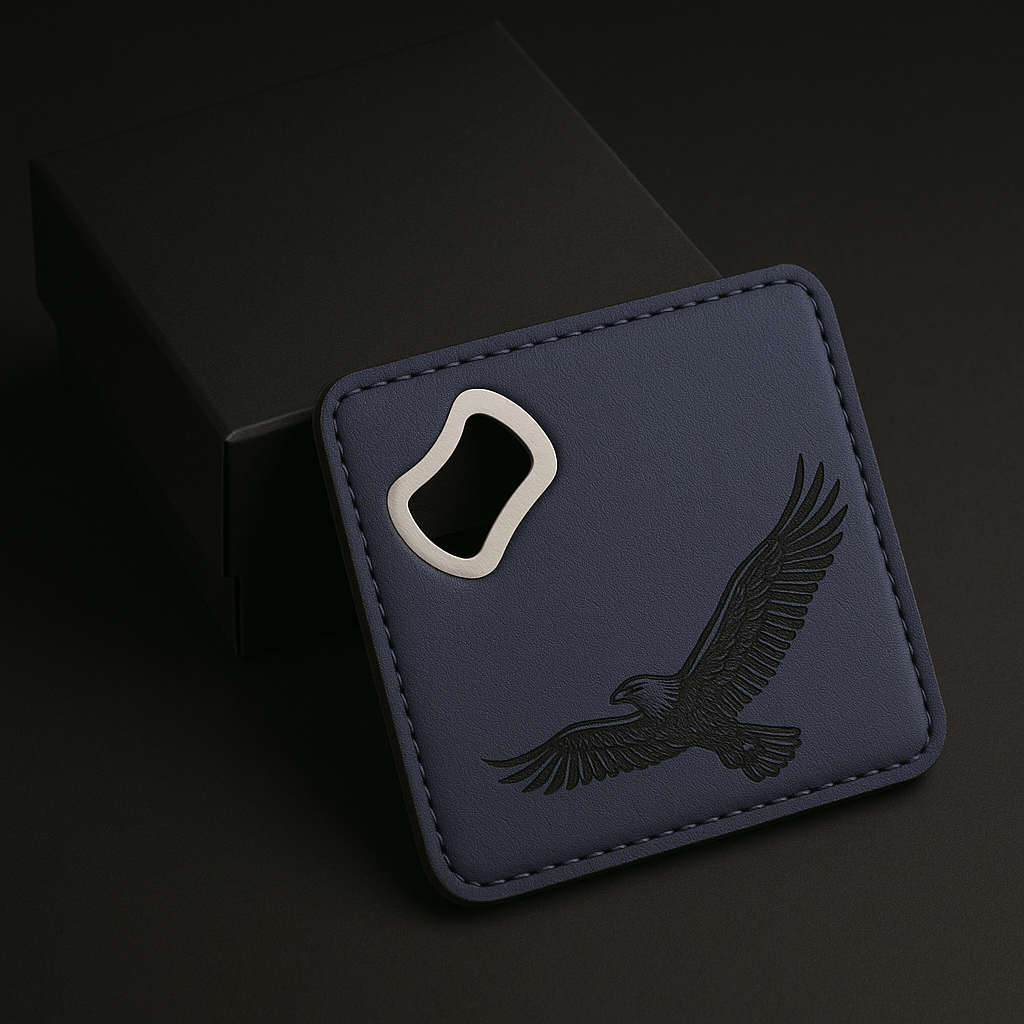 Leather Blue coaster wit engraving and bottle opener with Customize-2