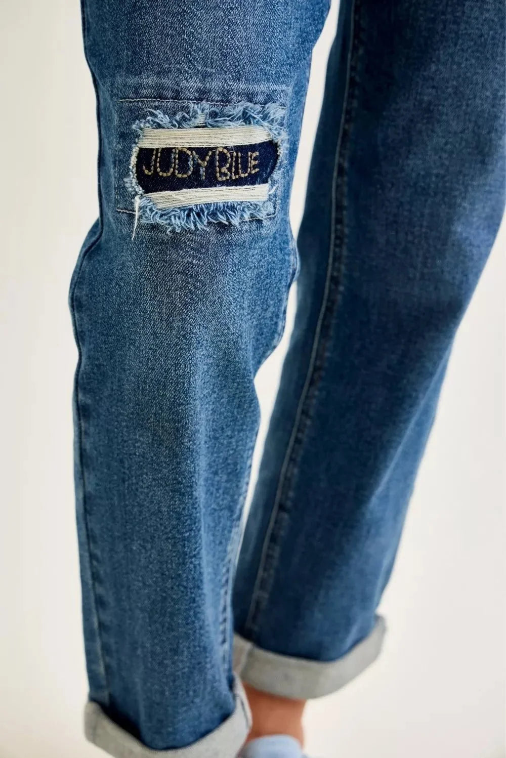 Judy Blue Mid Rise Boyfriend Embroidered Repair Patch Jeans-4