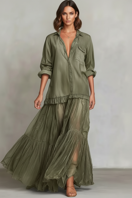 Model in the sage tiered shirt dress with polished shoulder-length hair