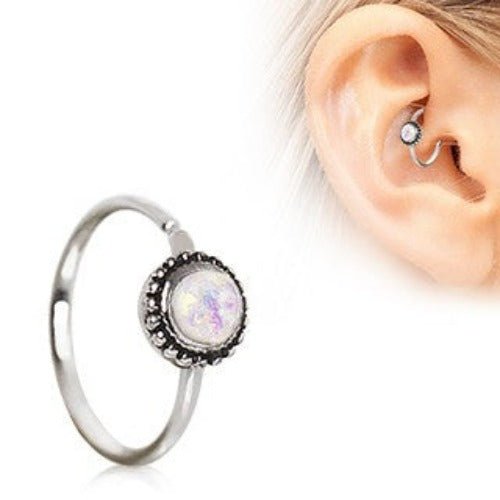 316L Stainless Steel White Synthetic Opal Ornate Cartilage Hoop Earring-0