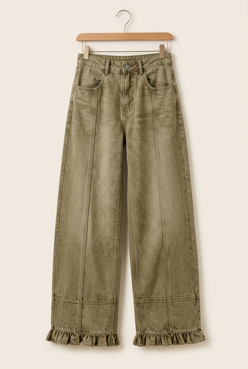 Olive-green ruffle-hem jeans on a wooden hanger