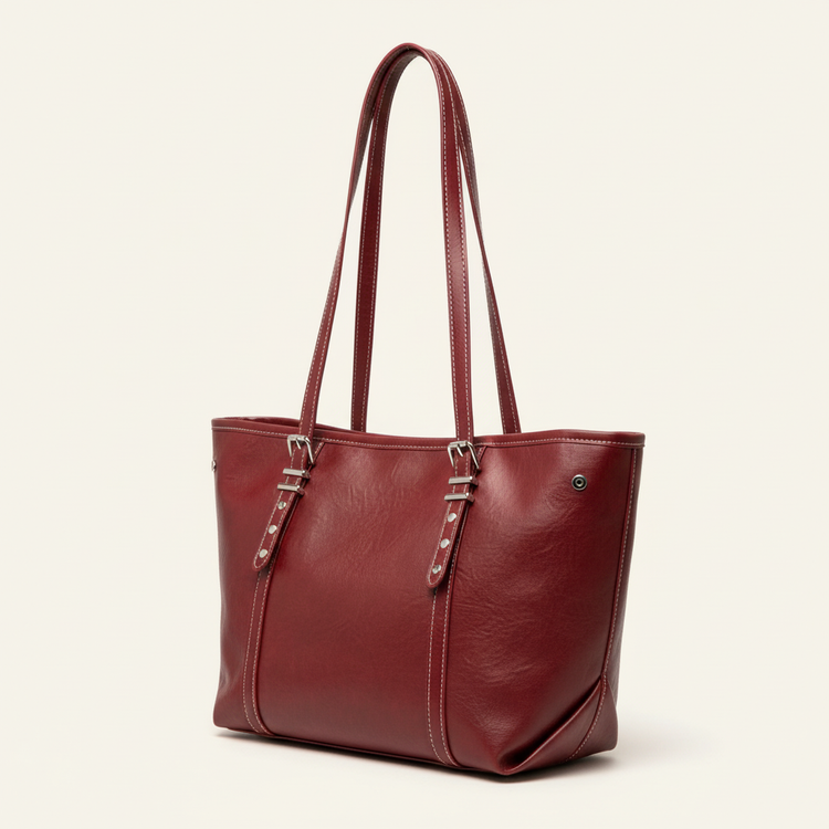 Burgundy carryall isolated on a blank warm-white background