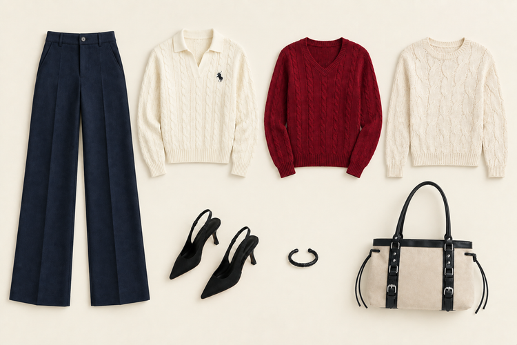 Workweek flat lay with separated sweaters