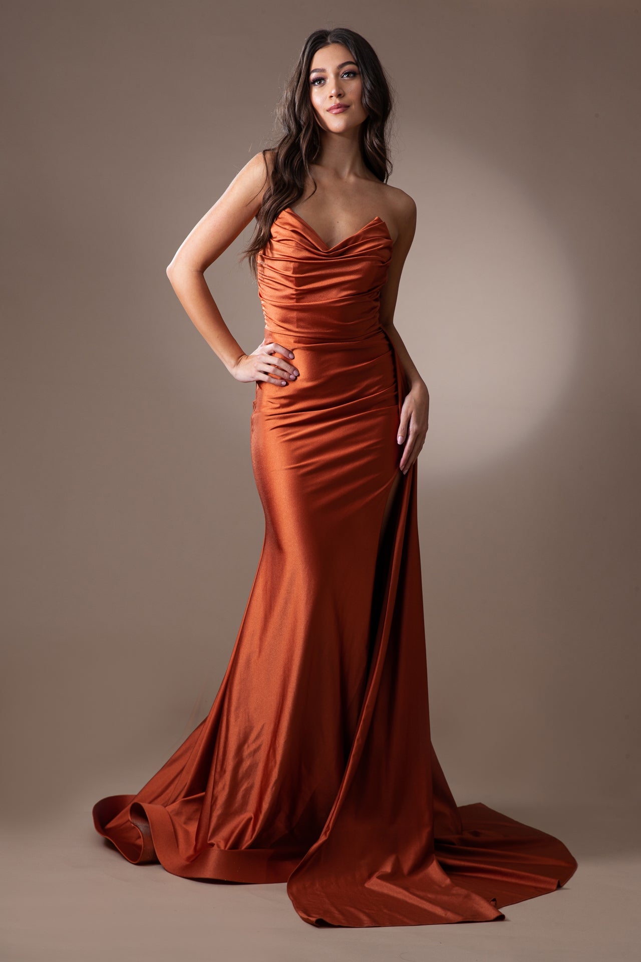 Sleeveless Festive Floor Length Gown w/ V-Neckline & Elegant Hip Cape AC3013