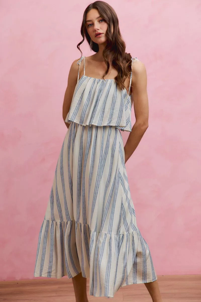 Stripe Tiered Shoulder Tie Midi Lined Dress-4