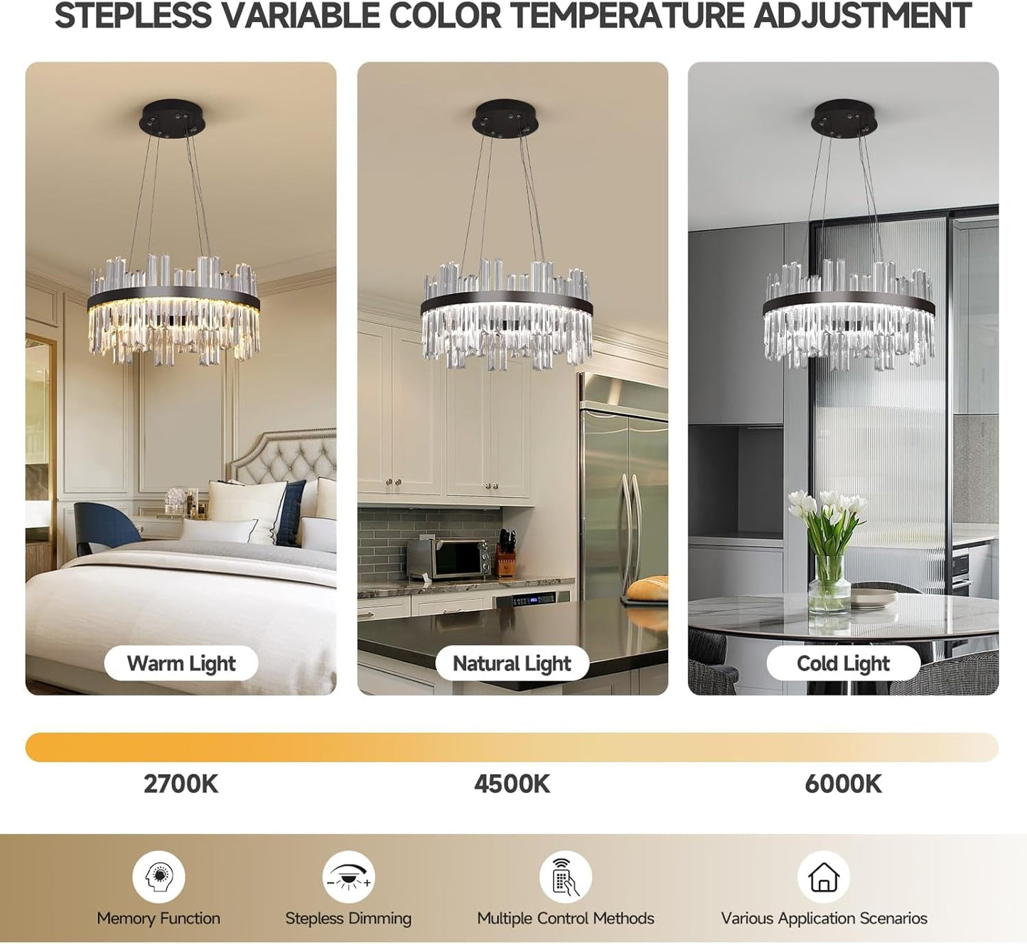 Black LED Modern Crystal Chandelier, 19.7 Inch Round, 3 Color Dimmable-3
