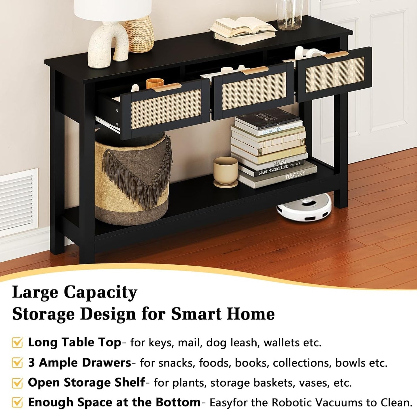 Black 47 Inch Entryway Console Table Storage Drawers-3