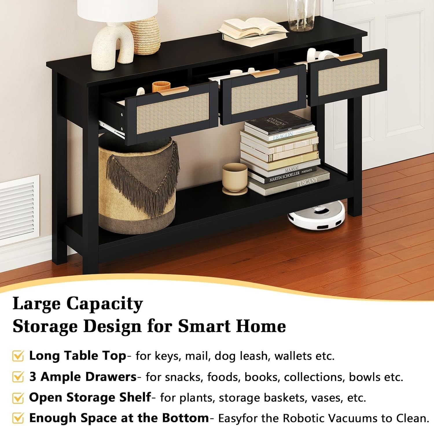Black 47 Inch Entryway Console Table Storage Drawers-3