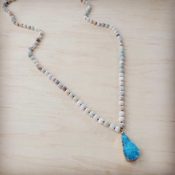 Frosted Amazonite Long Beaded Necklace with Agate Pendant-2