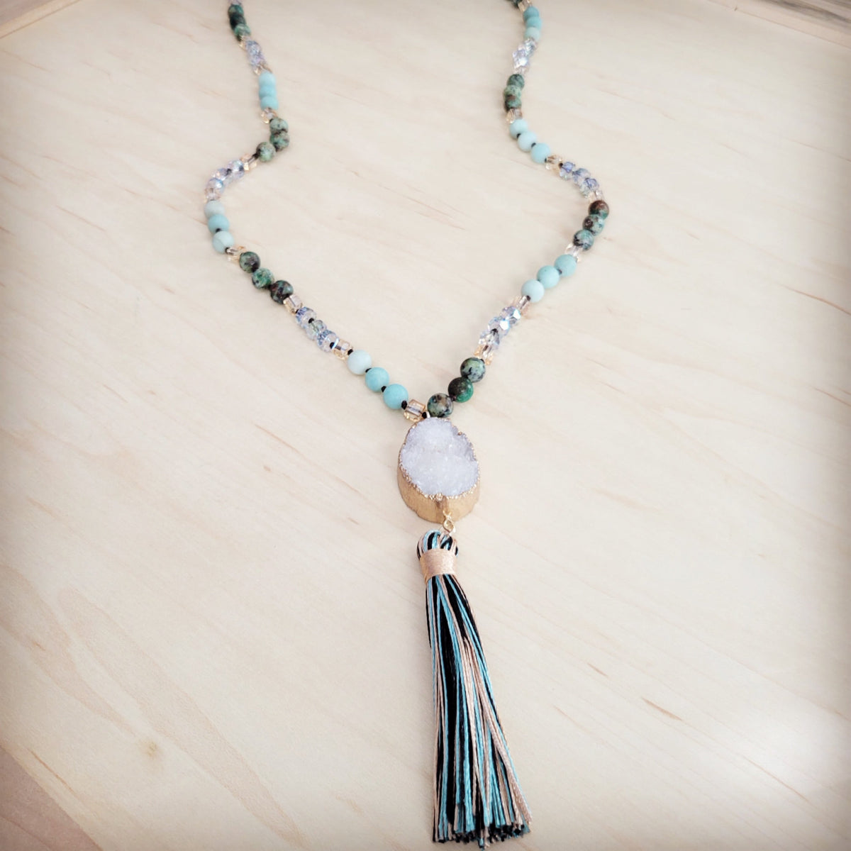 Long Amazonite Necklace with Genuine White Druzy Pendant-3