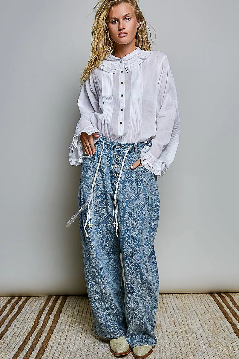 POL Woven Lace Trim Pintuck Button-Down Shirt-4