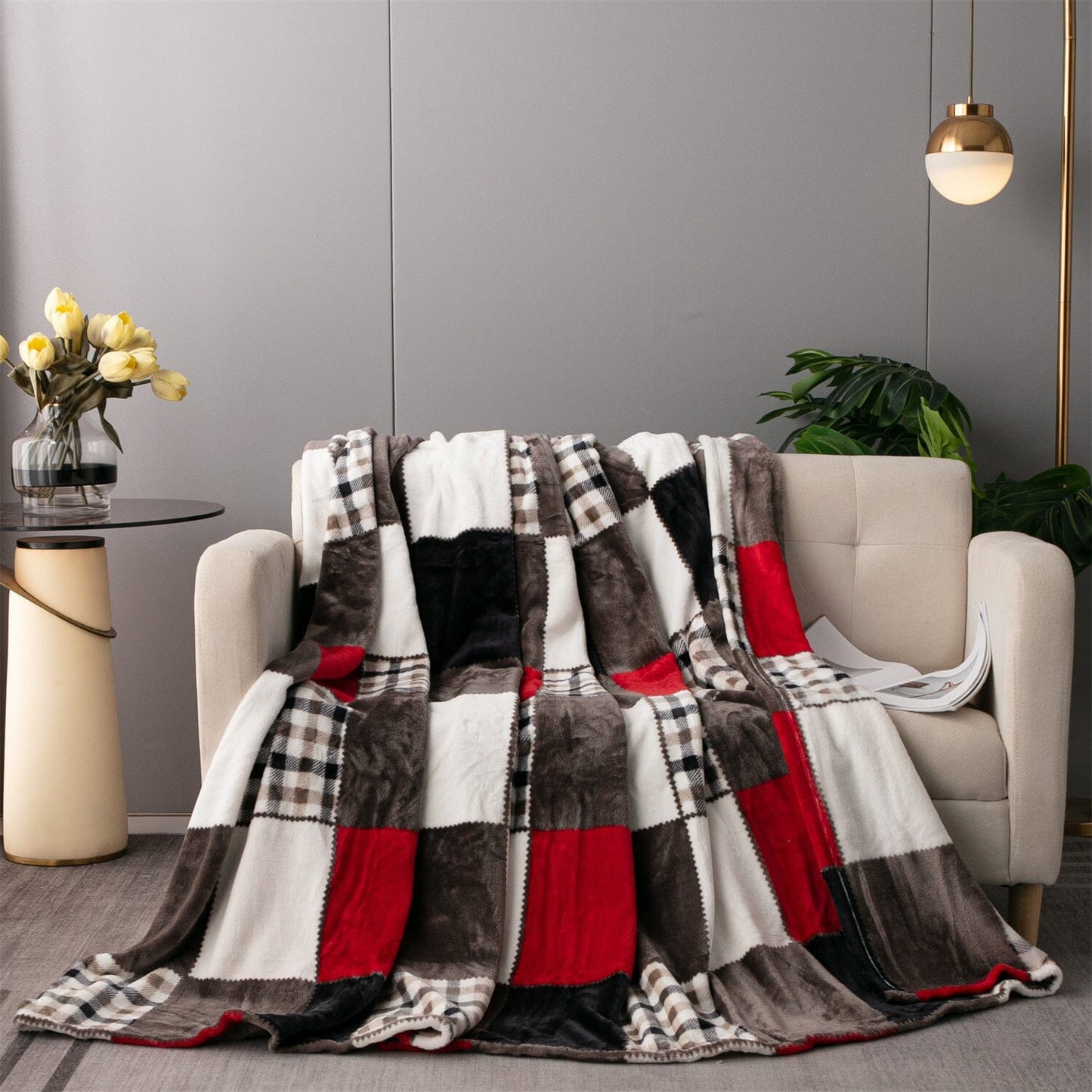 Tache Brown Red Sunset Maple Farmhouse Plaid Patchwork Throw Blanket (4025)-0