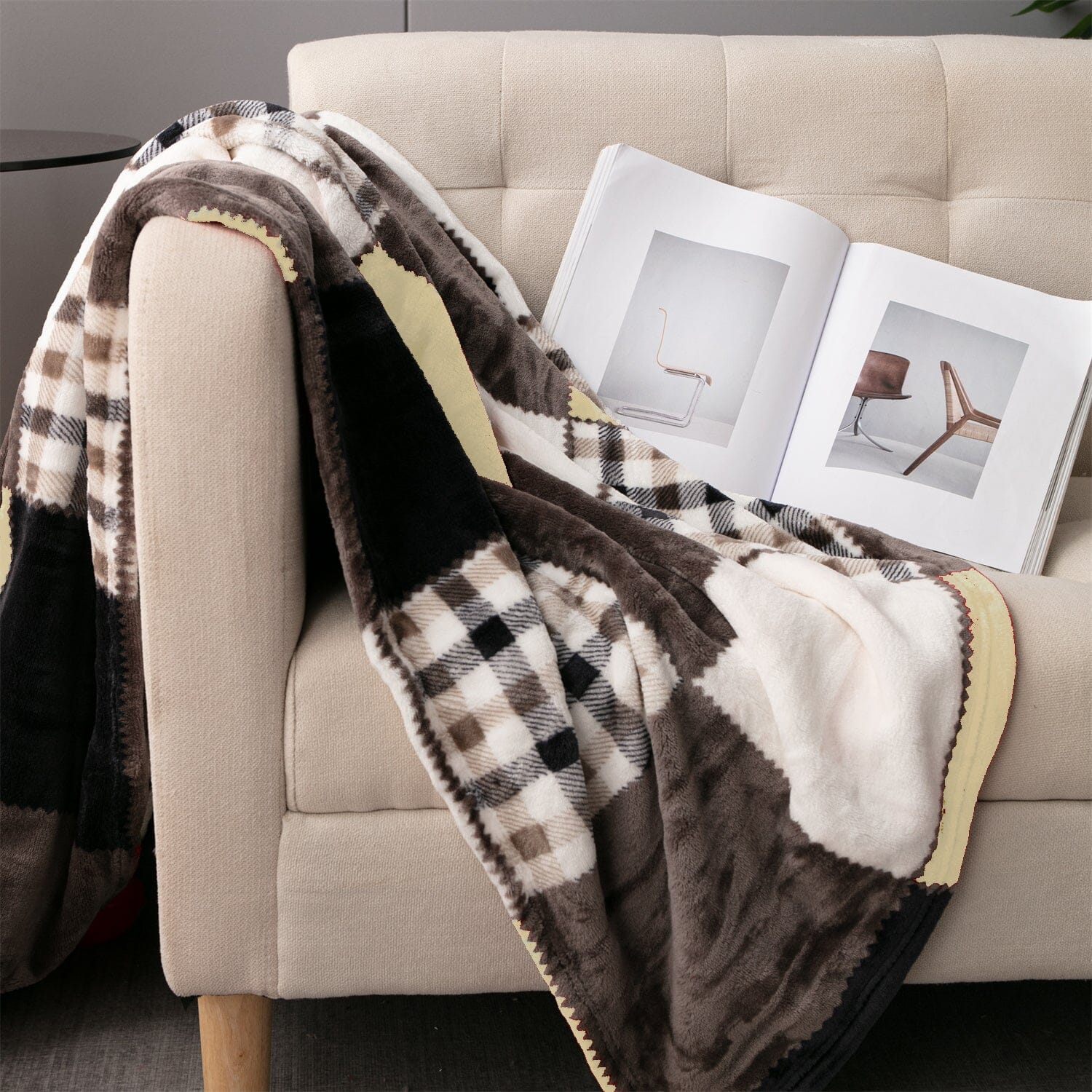 Tache Buttermilk Fall Yellow Brown Farmhouse Super Soft Plaid Patchwork Throw Blanket (4026)-3