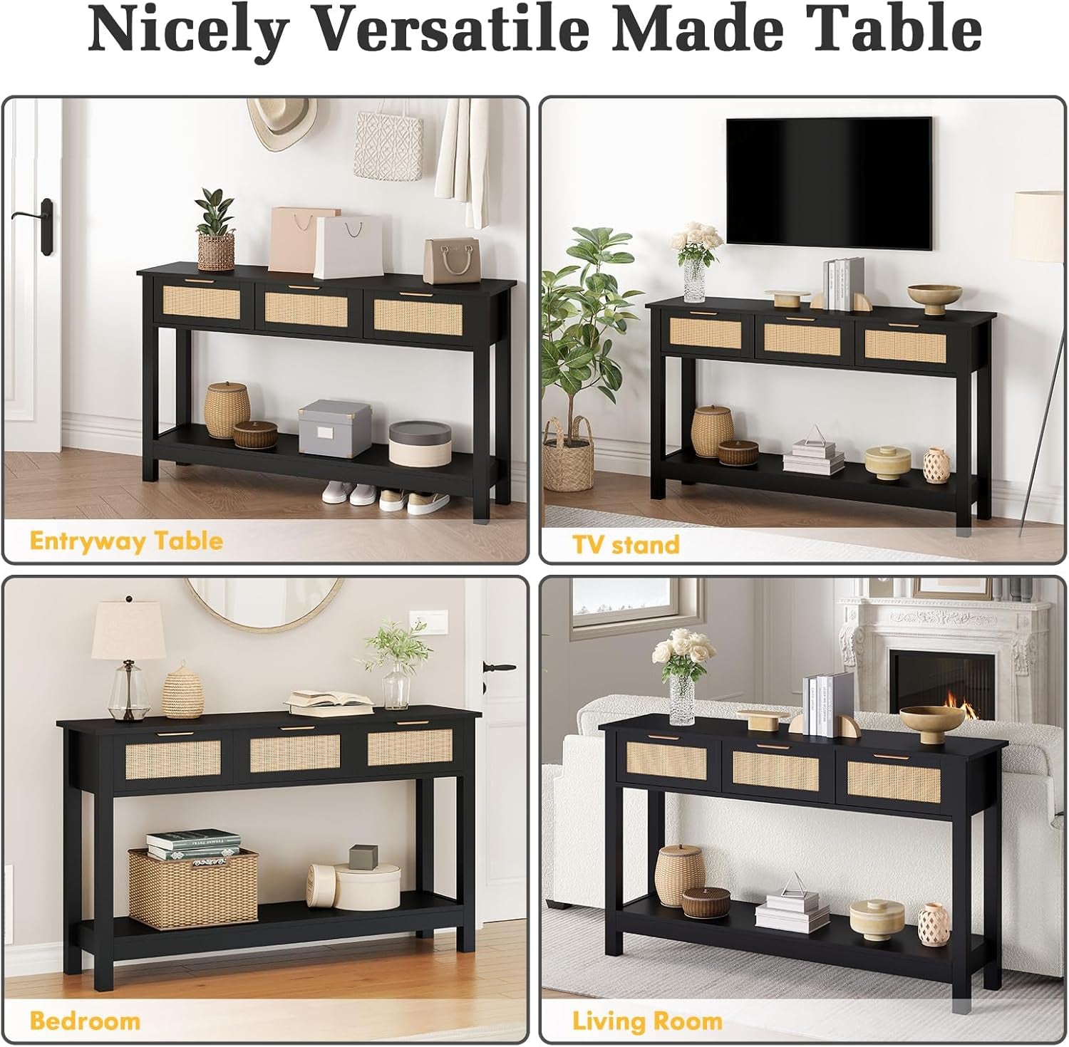 Black 47 Inch Entryway Console Table Storage Drawers-4