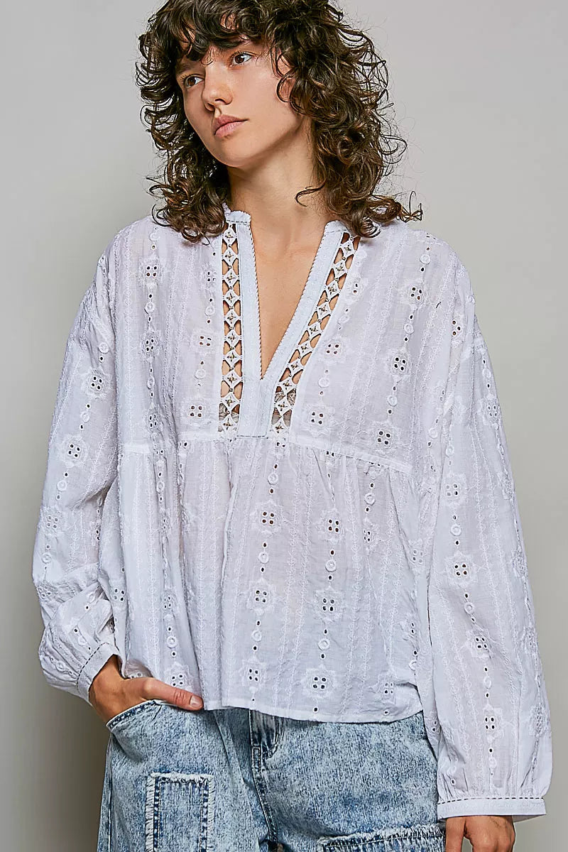 Lace Eyelet Long Sleeve Cotton Blouse-3