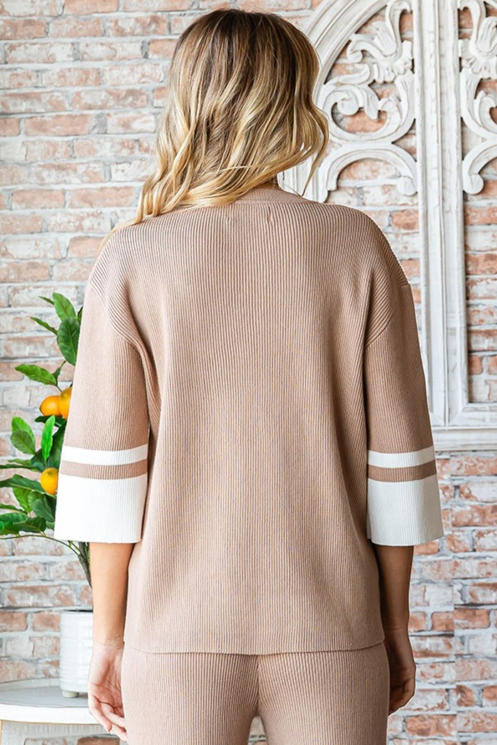 First Love Contrast V Neck Ribbed Knit Top-1