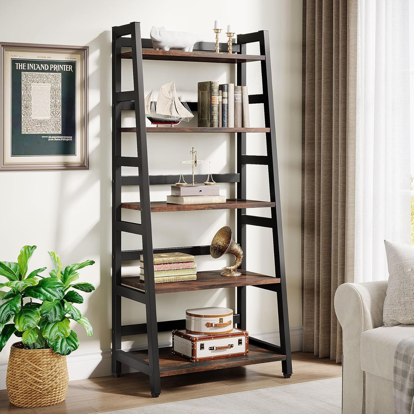 Five Tier Industrial Bookshelf Rustic Brown Timber-2
