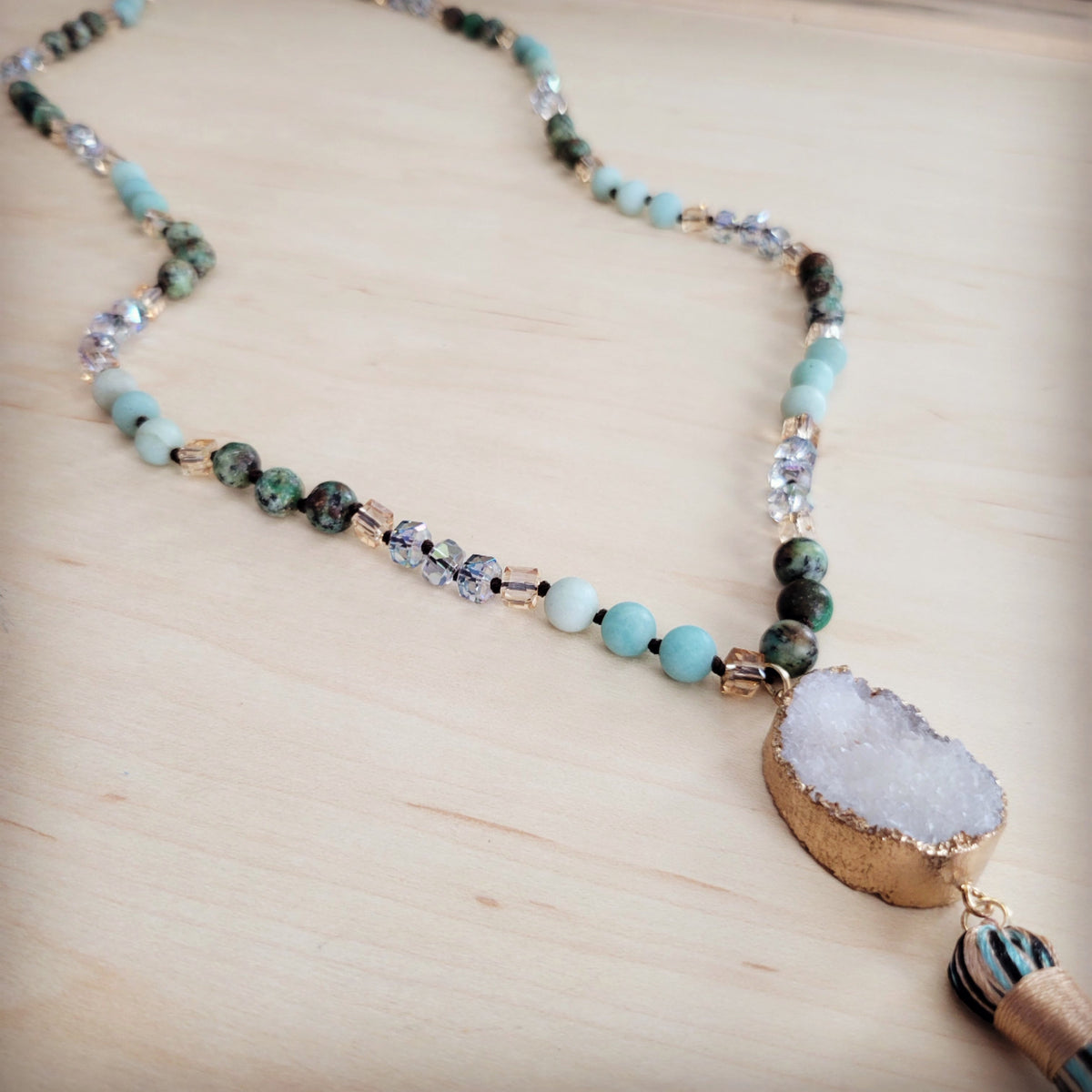 Long Amazonite Necklace with Genuine White Druzy Pendant-1