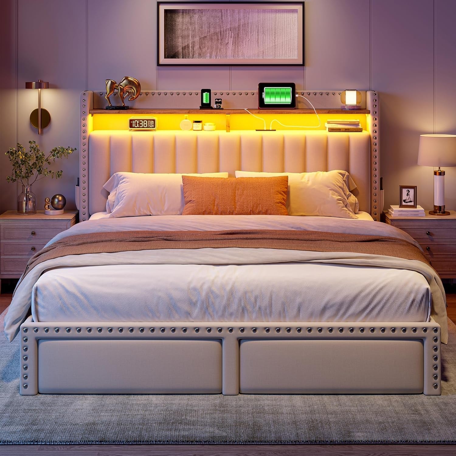 Beige Upholstered Headboard Storage Bed Frame Charging-2